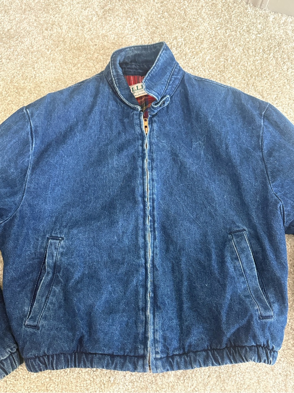 Vintage L.L. Bean Jean Denim Bomber Jacket Cotton Red Flannel Lining Size Small - Picture 6 of 16